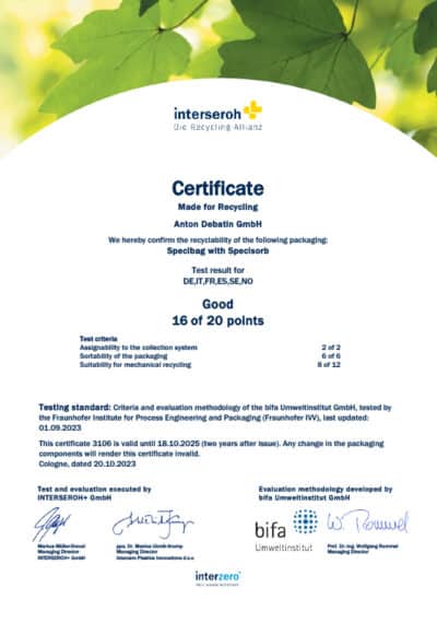 Certificate 3106 Specibag with Specisorb